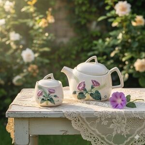 Vintage CARLTON WARE England Handpainted Morning Glory TEAPOT & SUGAR BOWL Set